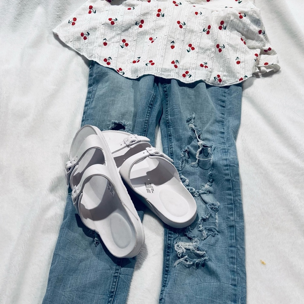 white, cherry-patterned spaghetti strap top